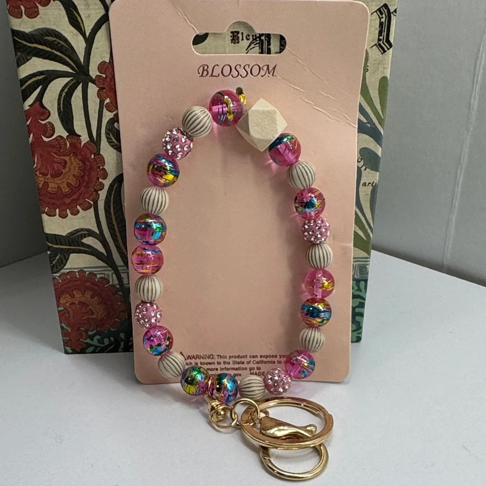 Pink and Gold Beaded Keychain Bracelet - Picture 1 of 5